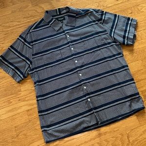 BRIXTON DOT STRIPE PATTERN BUTTON UP SHORT SLEEVE SHIRT NAVY & WHITE MENS LARGE